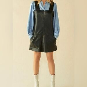 ba&sh Black  lambskin leather mini dress jumper tunic slit pockets S/M